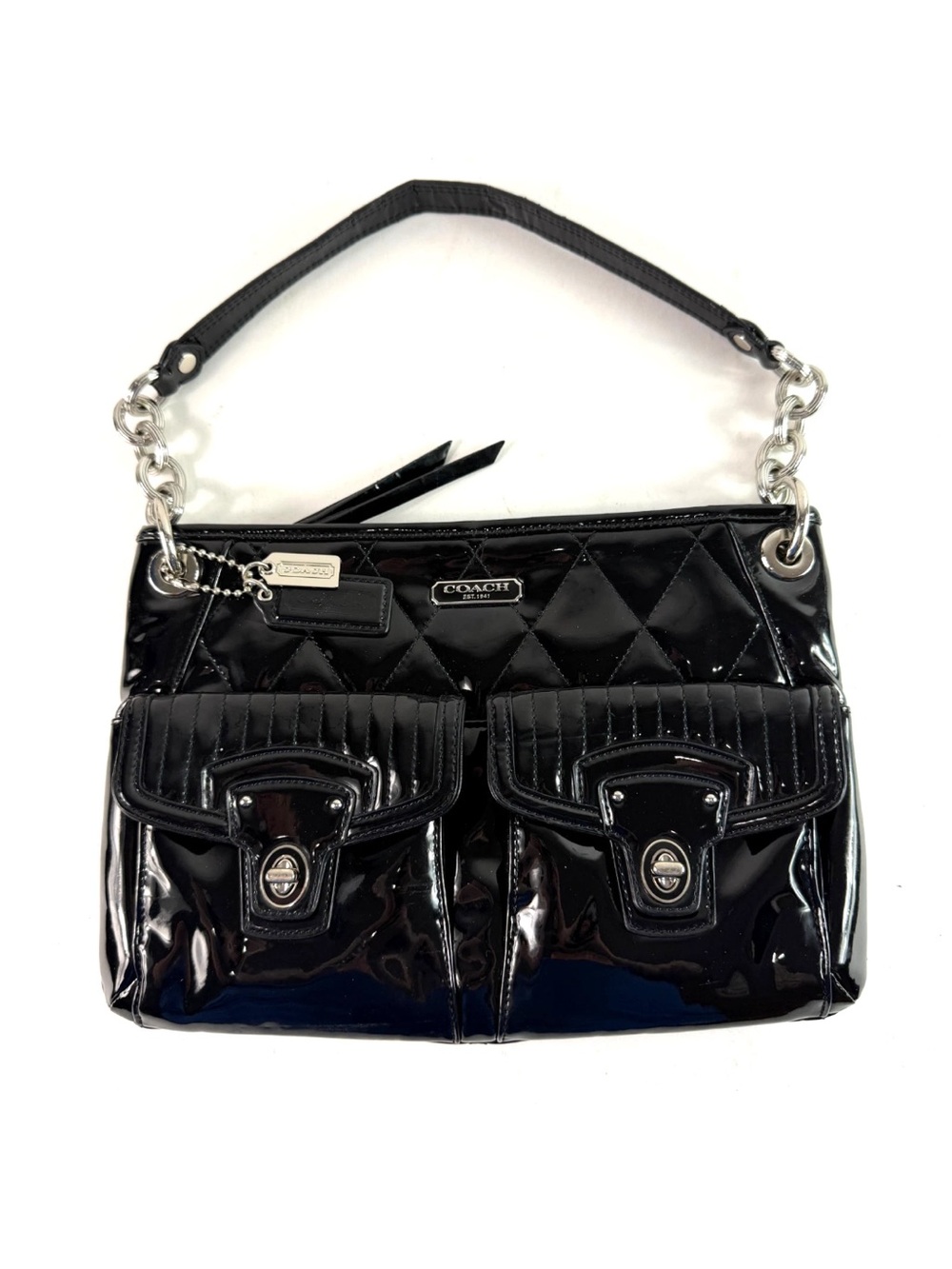 Coach Black Patent Leather Quilted Shoulder Bag Style 18678 Y2K Silver Turn Lock